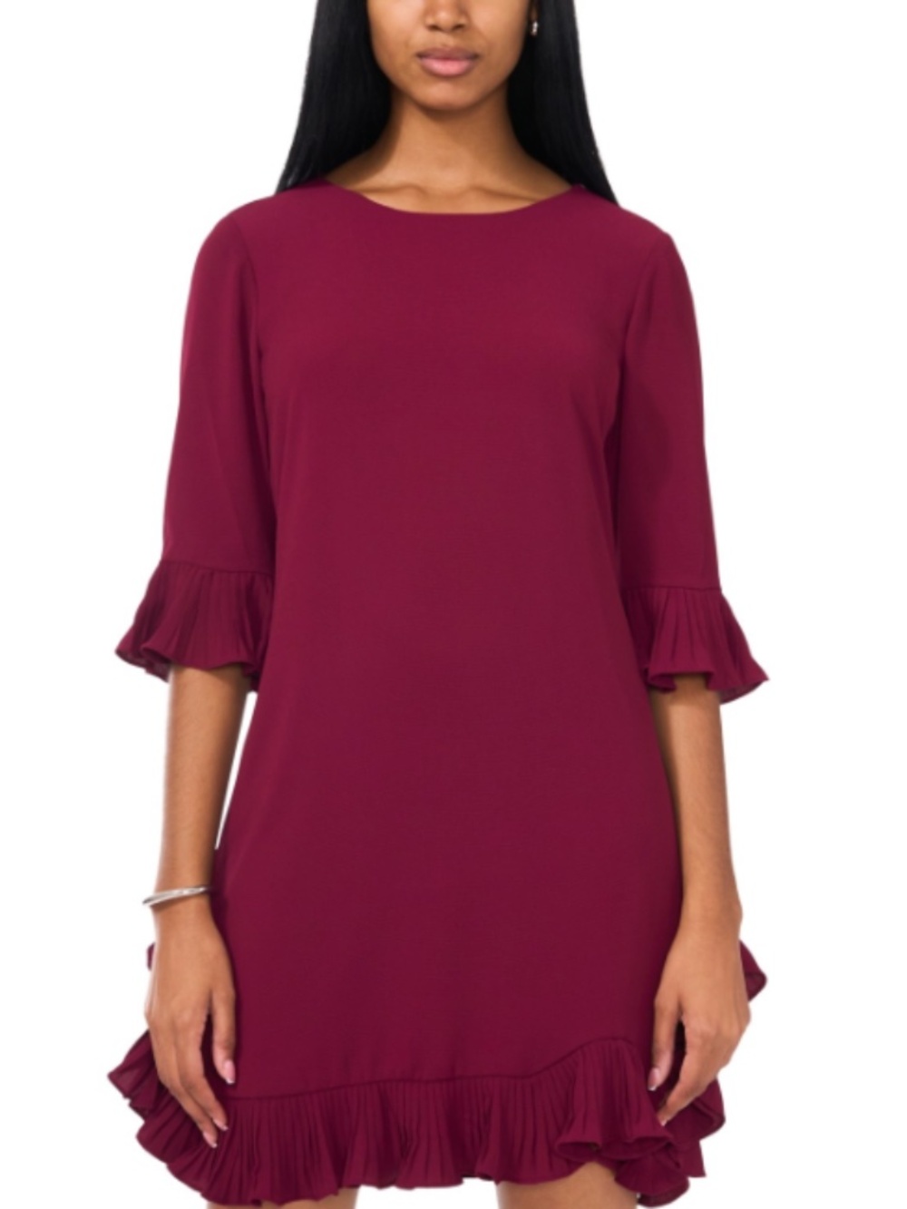 Msk Petite Pleated-Trim Shift Dress - Burgundy  Size 12P NWT
